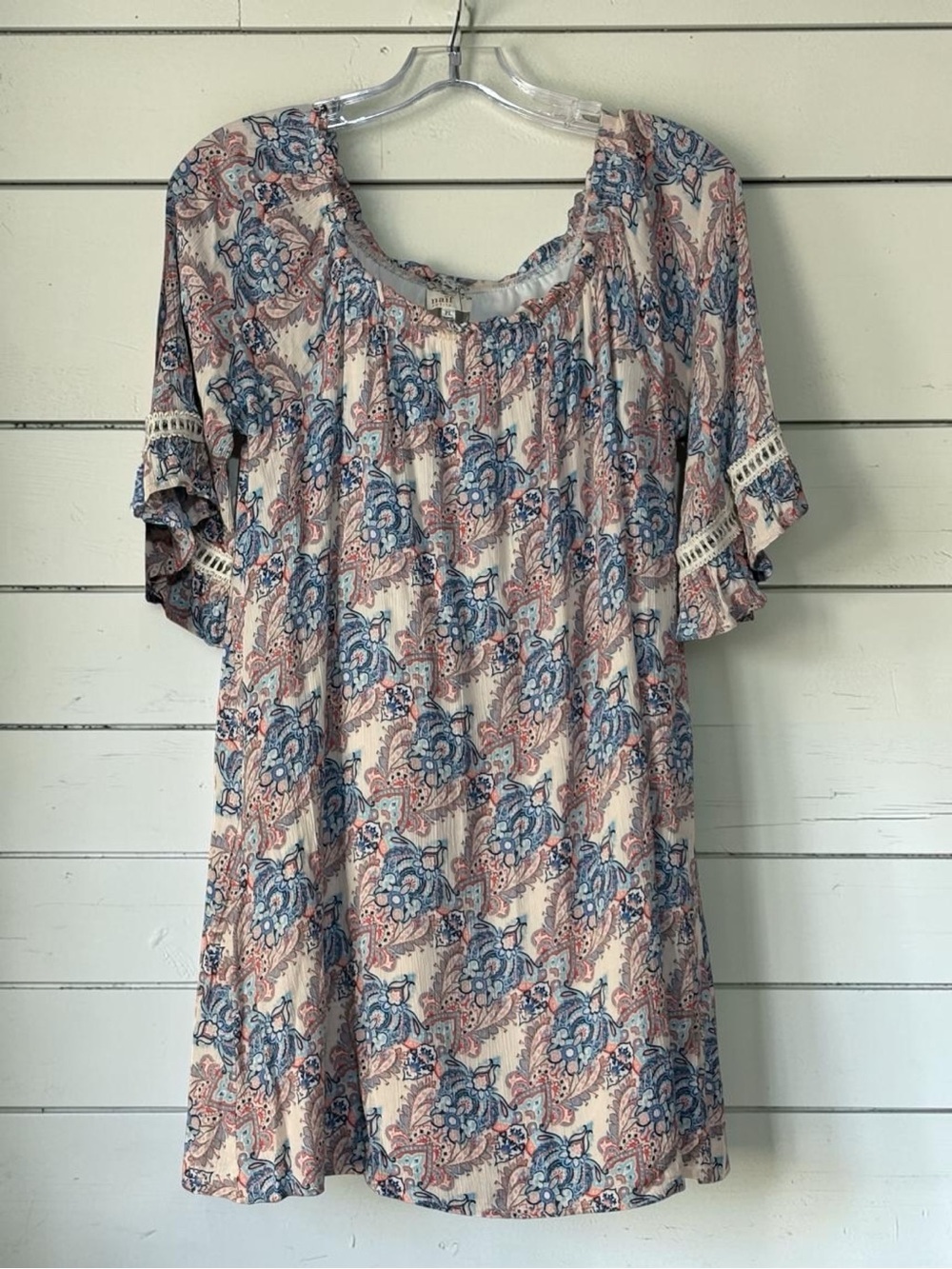 Naïf Women's Boho Flutter Sleeve Floral Peasant Top - Blue & Cream Size Petite L